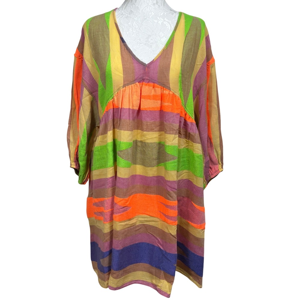 Devotion Twins Striped V-Neck Balloon Sleeve Elastic Cuffs Mini Dress Womens S